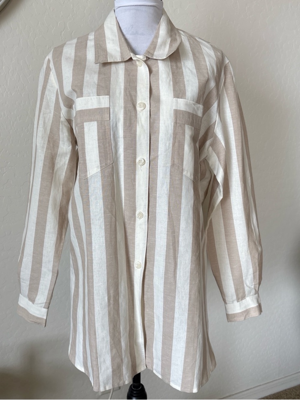 Vintage 90s Together Womens L 60 % Linen Beige Cream Striped Long Sleeve shirt.